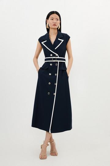 Compact Stretch Double Breasted Belted Tipped Tailored Midi Dress midnight