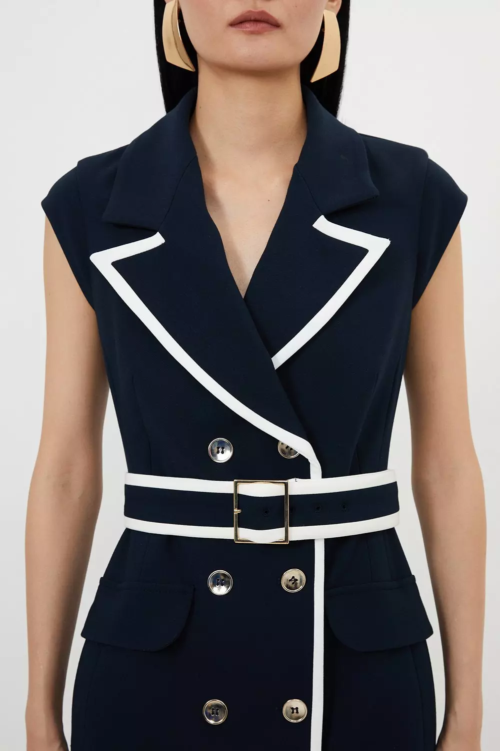 Compact Stretch Double Breasted Belted Tipped Tailored Midi