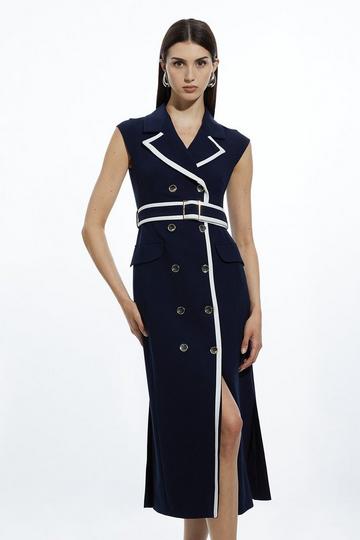 Navy Compact Stretch Double Breasted Belted Tipped Tailored Midi Dress
