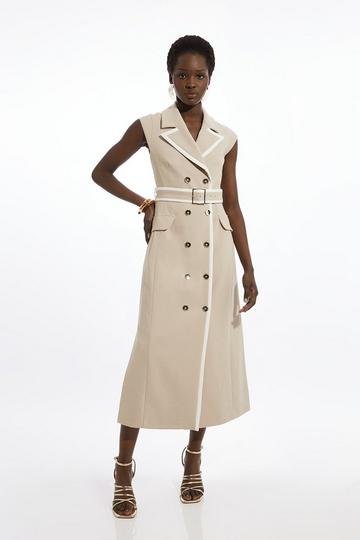 Compact Stretch Double Breasted Belted Tipped Tailored Midi Dress stone