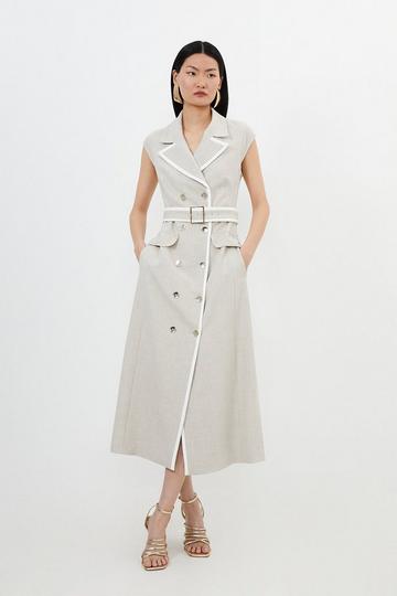 Melange Double Breasted Belted Tipped Tailored Midi Dress natural