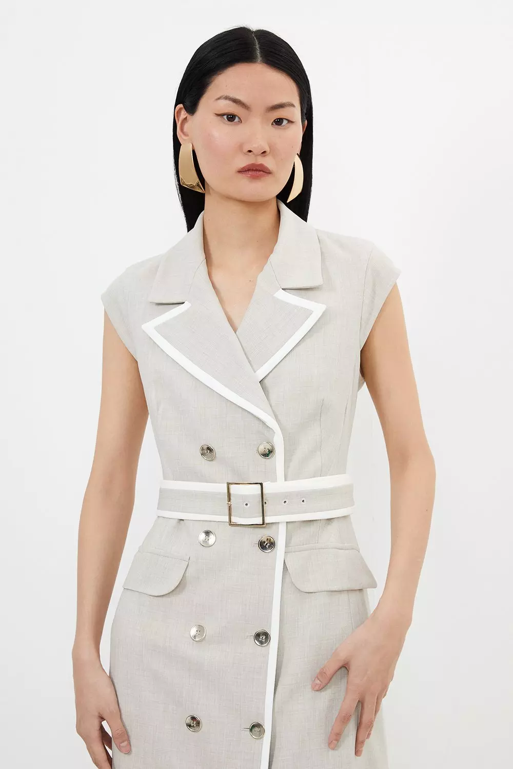 Melange Double Breasted Belted Tipped Tailored Midi Dress