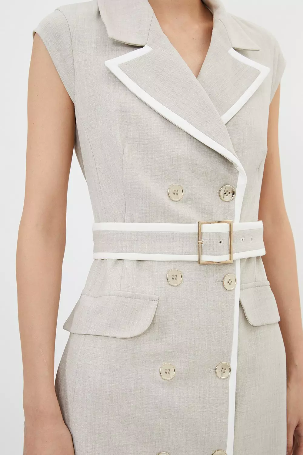 【KAREN MILLEN】リネンツイルトップステッチベルト付きトップス Melange Double Breasted Belted Tipped Tailored Midi Dress