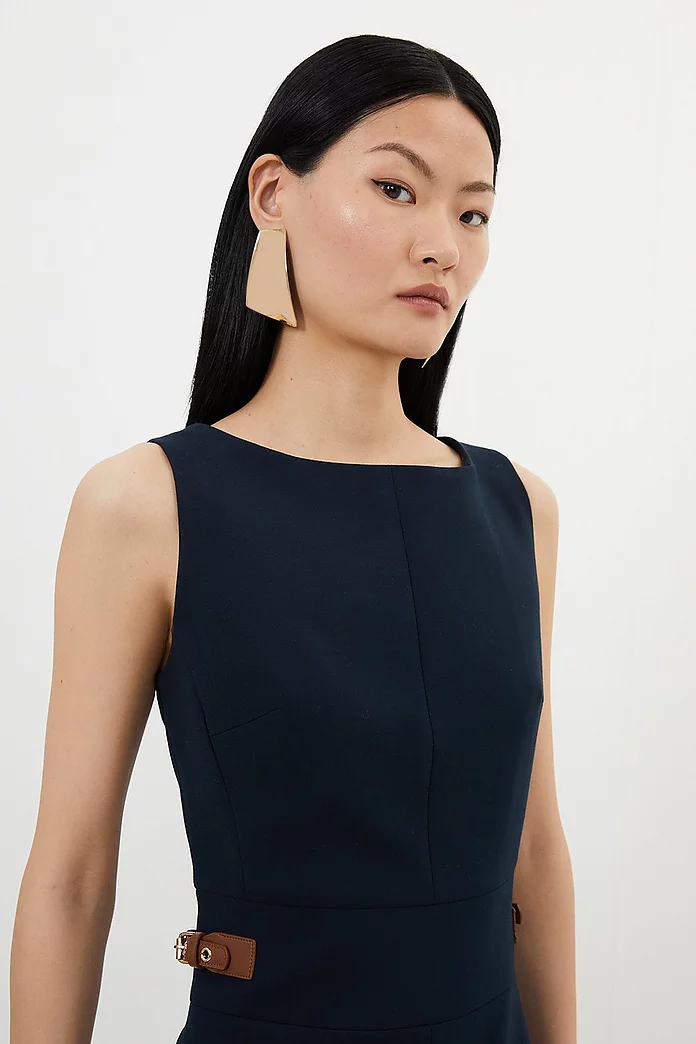Compact Stretch Tailored Pu Tab Detail Midi Dress | Karen Millen Compact Stretch Tailored Pu Tab Detail Midi Dress | Karen Millen
