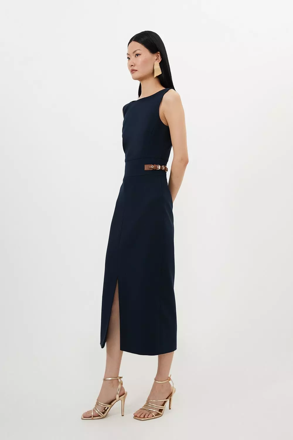 Compact Stretch Tailored Pu Tab Detail Midi Dress | Karen Millen