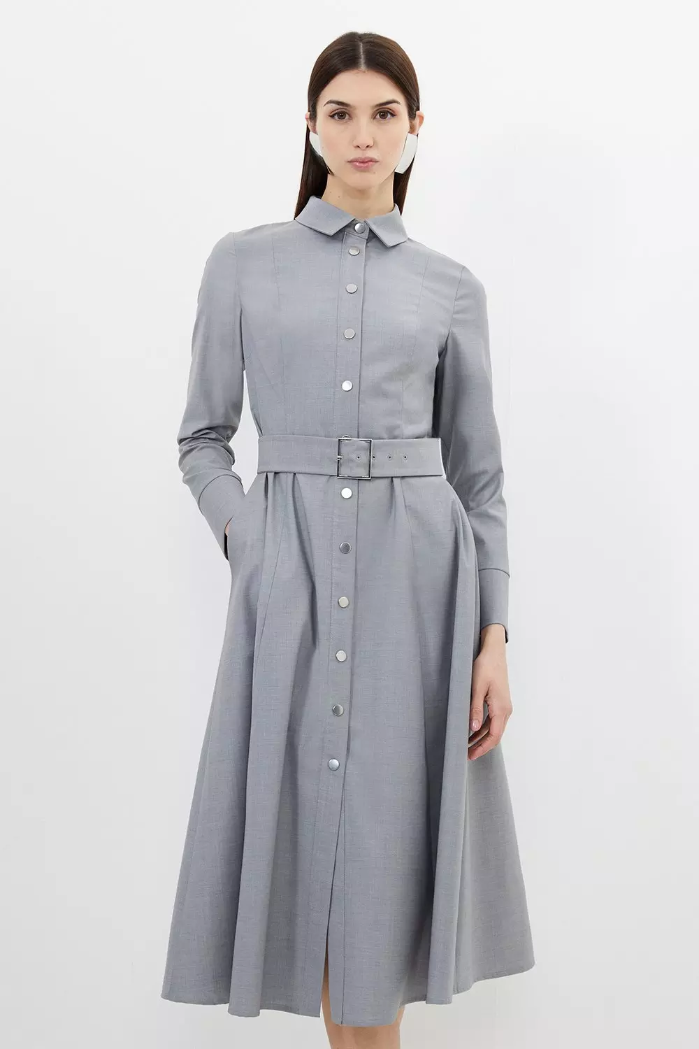 Tailored Wool Blend Belted Shirt Dress Karen Millen