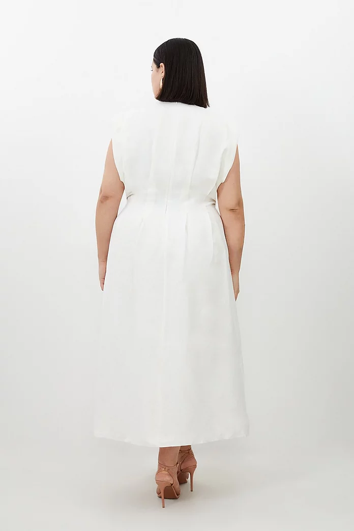 Plus Size Viscose Linen Woven Pintuck Midi Dress | Karen Millen Plus Size Viscose Linen Woven Pintuck Midi Dress | Karen Millen