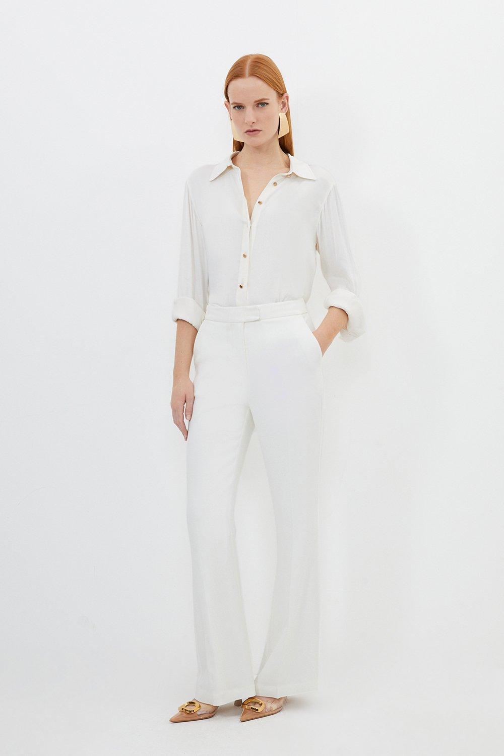 Ivory Compact Viscose Slim Leg Tailored Trousers