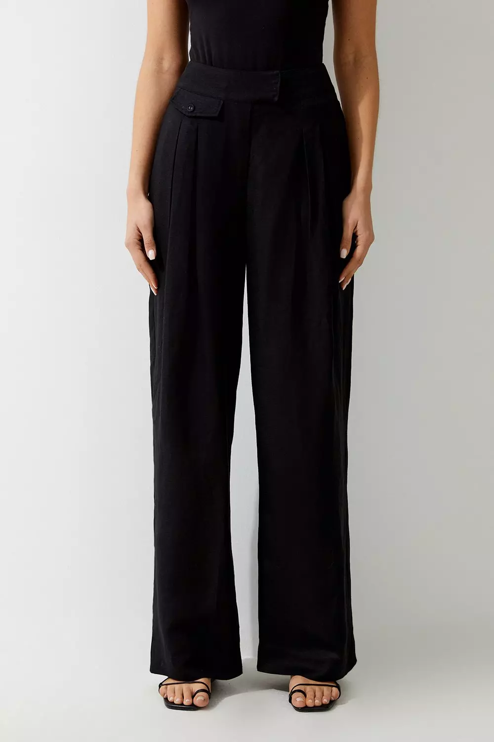 Linen Wide Leg Buckle Detail Woven Pants | Karen Millen