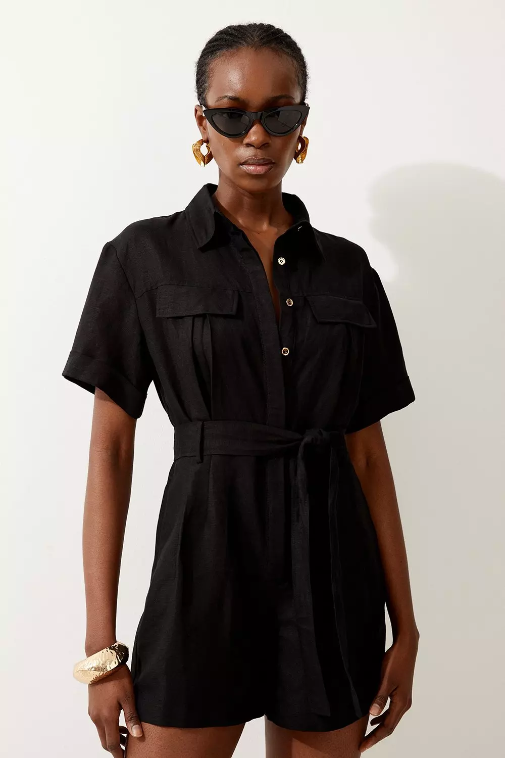 Viscose Linen Belted Woven Playsuit Karen Millen