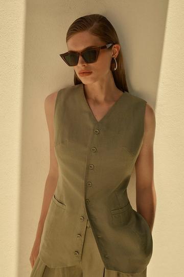 Viscose Linen Woven Long Waistcoat sage