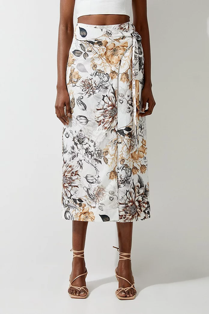 Spring Floral Viscose Linen Woven Tie Wrap Midi Skirt Spring Floral Viscose Linen Woven Tie Wrap Midi Skirt