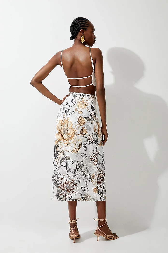 Spring Floral Viscose Linen Woven Tie Wrap Midi Skirt Spring Floral Viscose Linen Woven Tie Wrap Midi Skirt