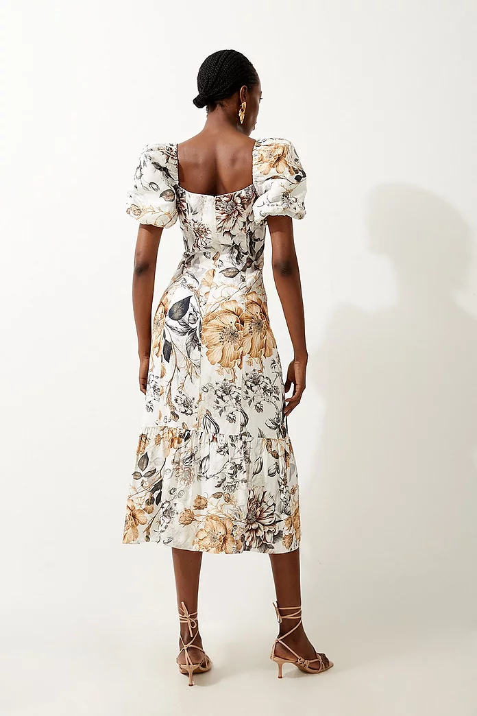 Spring Floral Viscose Linen Woven Tie Wrap Midi Skirt Spring Floral Viscose Linen Woven Tie Wrap Midi Skirt