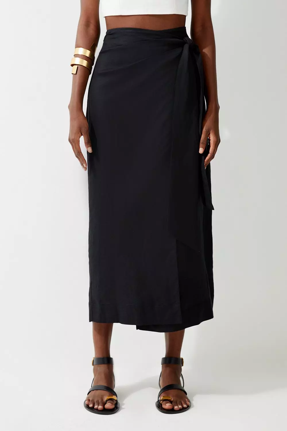 Viscose Linen Woven Tie Wrap Midi Skirt | Karen Millen