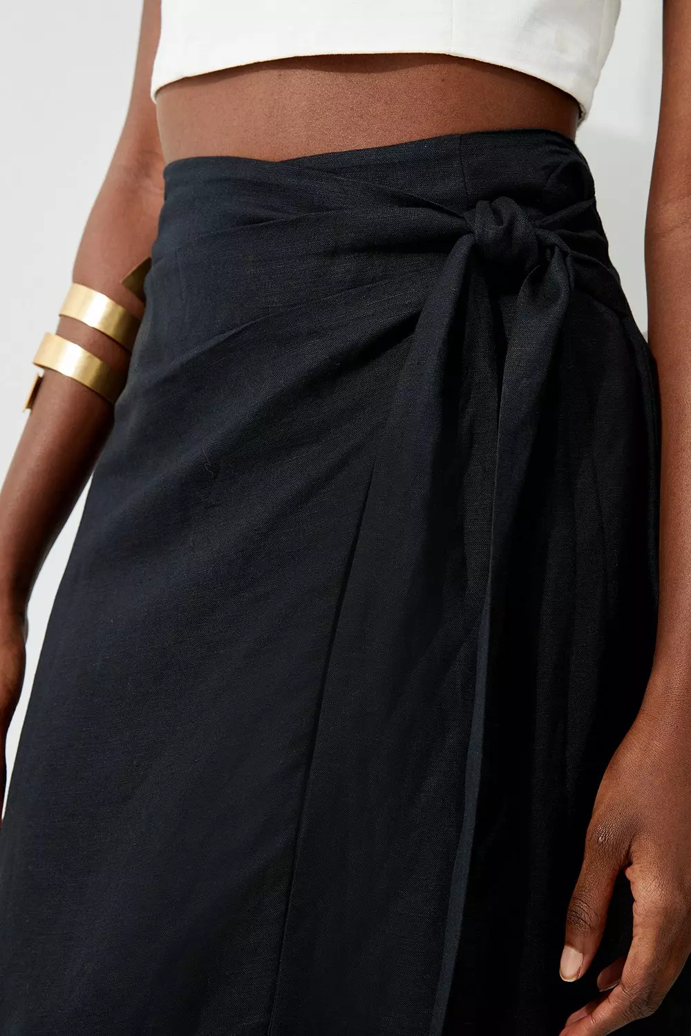 Viscose Linen Woven Tie Wrap Midi Skirt | Karen Millen