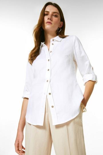 White Viscose Linen Woven Button Detail Shirt