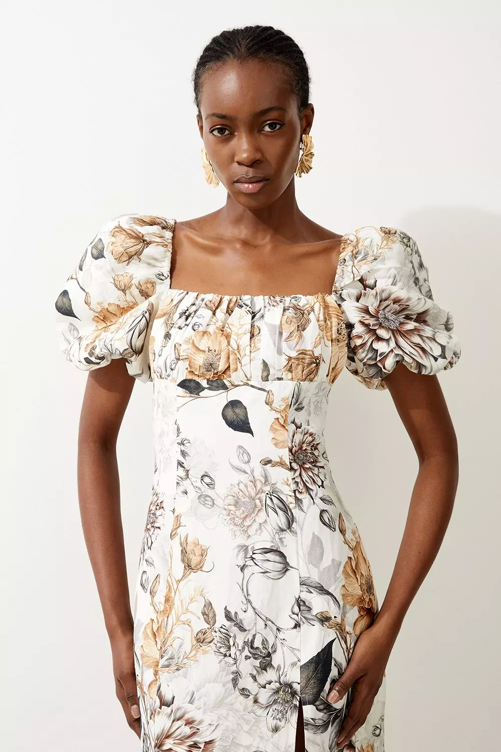 Floral puff sleeve midi dress hotsell