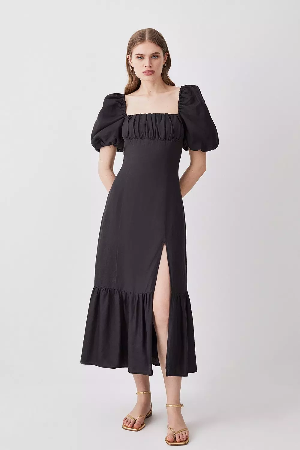 Linen midi dress with sleeves on sale