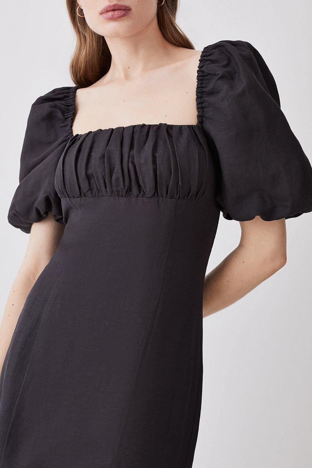 Viscose Linen Woven Puff Sleeve Midi Dress | Karen Millen