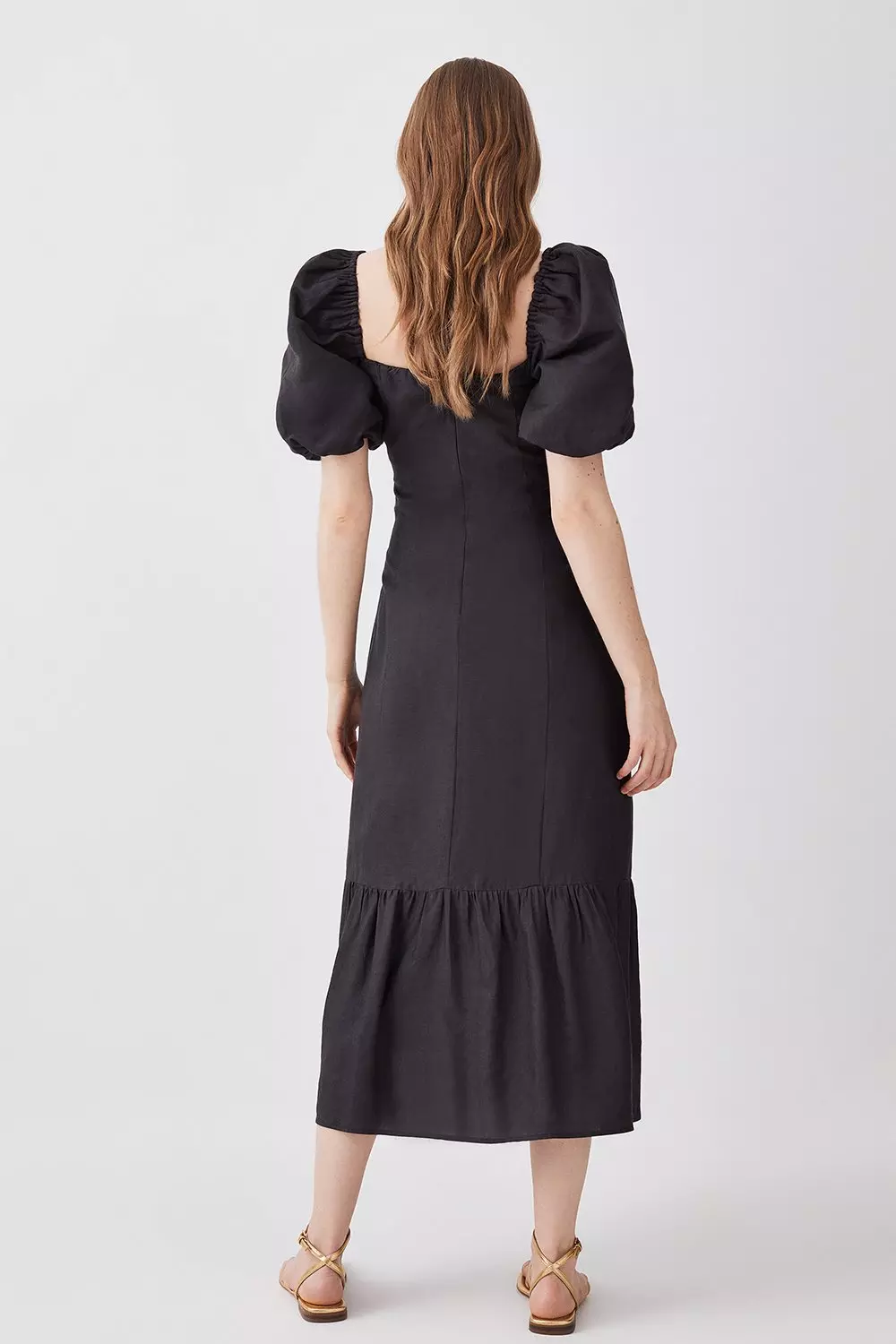 Viscose Linen Woven Puff Sleeve Midi Dress | Karen Millen
