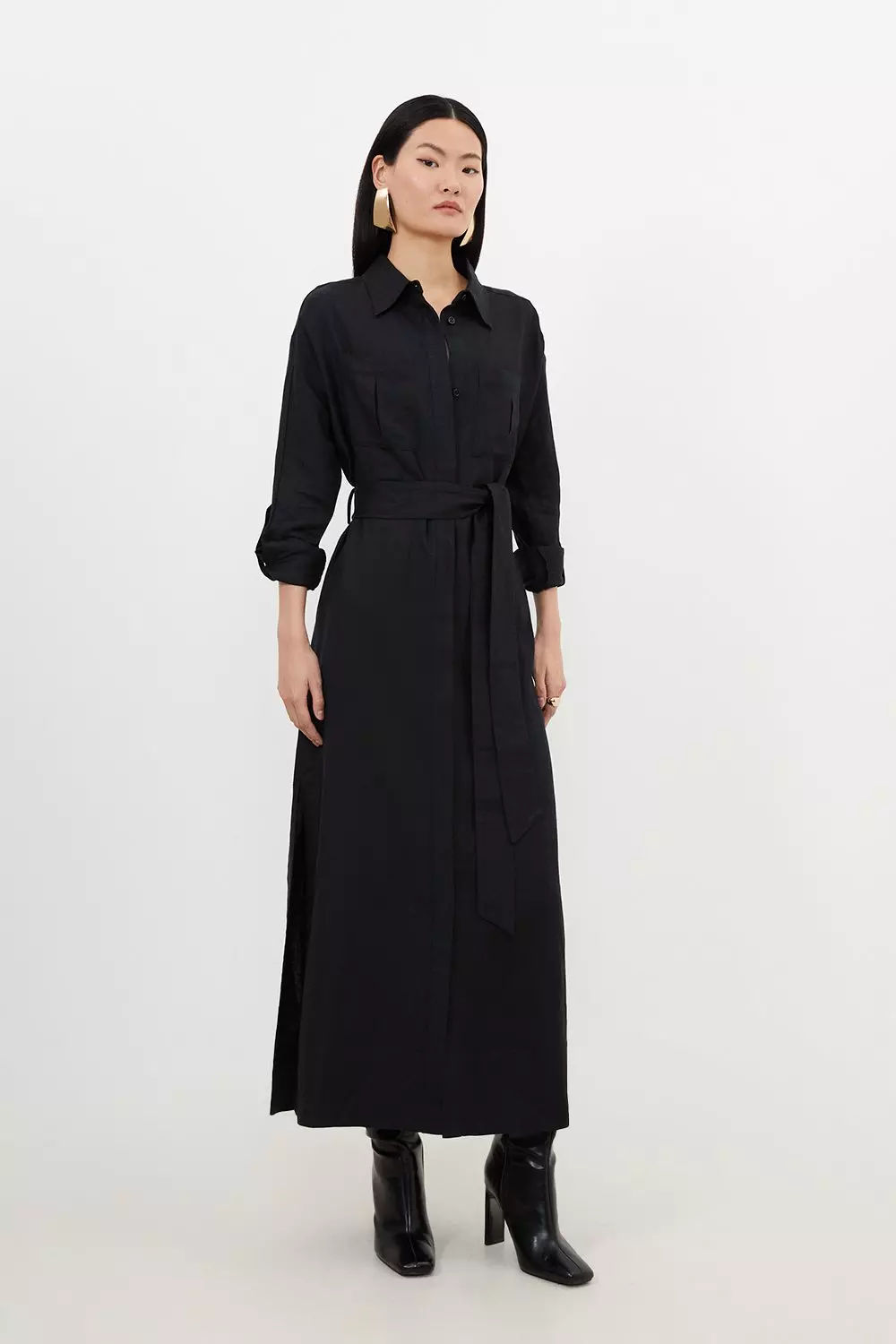 Viscose Linen Woven Tie Maxi Shirt Dress Karen Millen