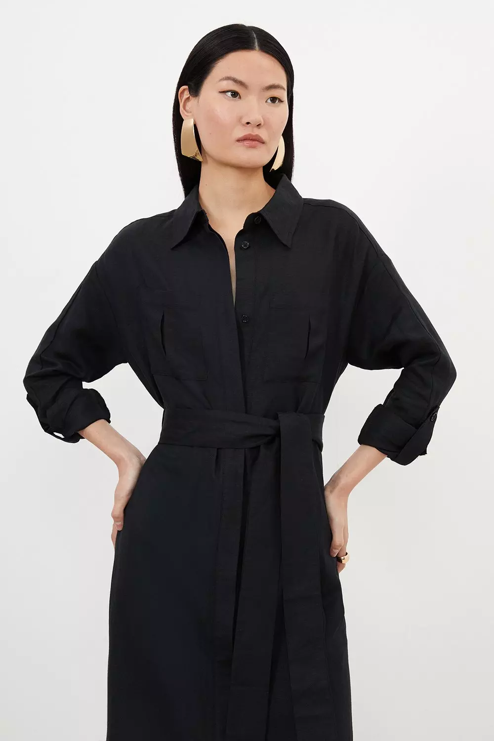 Viscose Linen Woven Tie Maxi Shirt Dress | Karen Millen