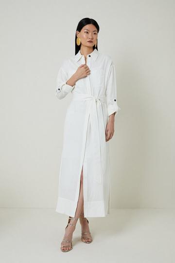 White Viscose Linen Woven Tie Maxi Shirt Dress