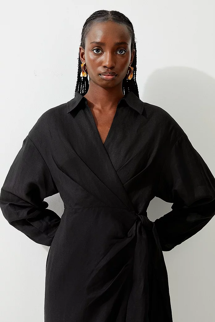 Viscose Linen Woven Tie Wrap Midi Shirt Dress | Karen Millen Viscose Linen Woven Tie Wrap Midi Shirt Dress | Karen Millen