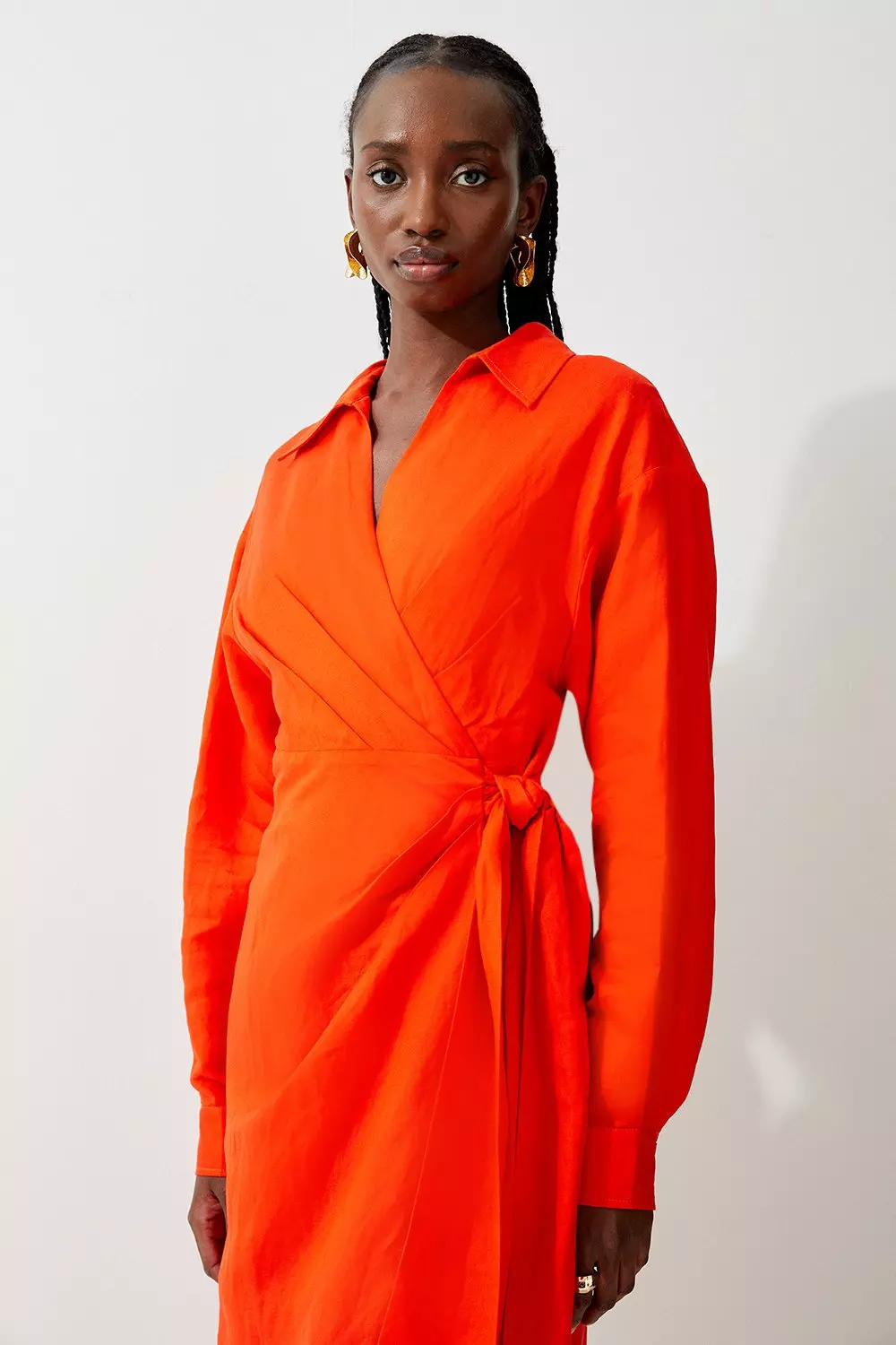 Viscose Linen Woven Tie Wrap Midi Shirt Dress Karen Millen