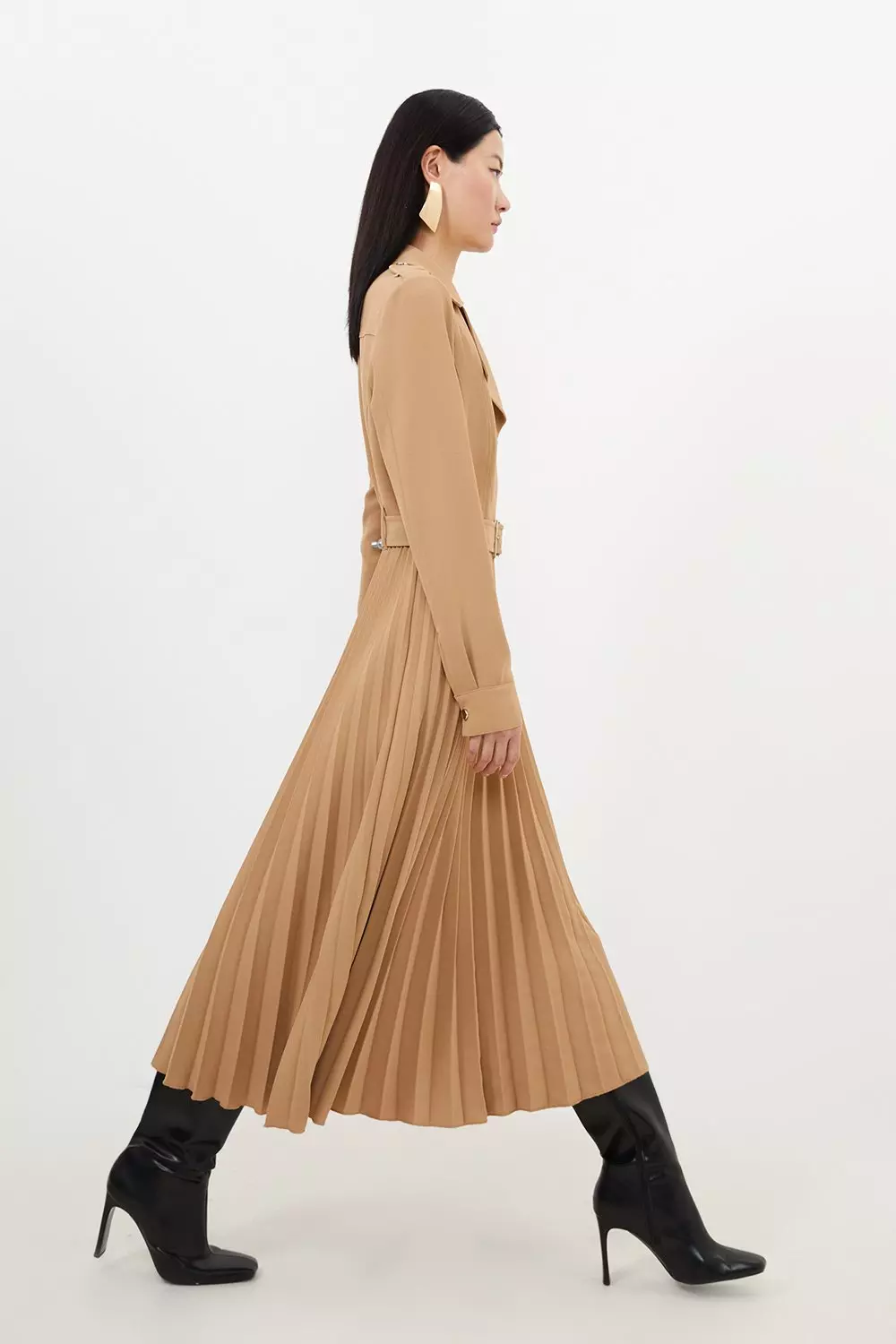 Tailored Crepe Belted Pleated Skirt Midi Shirt Dress Karen Millen