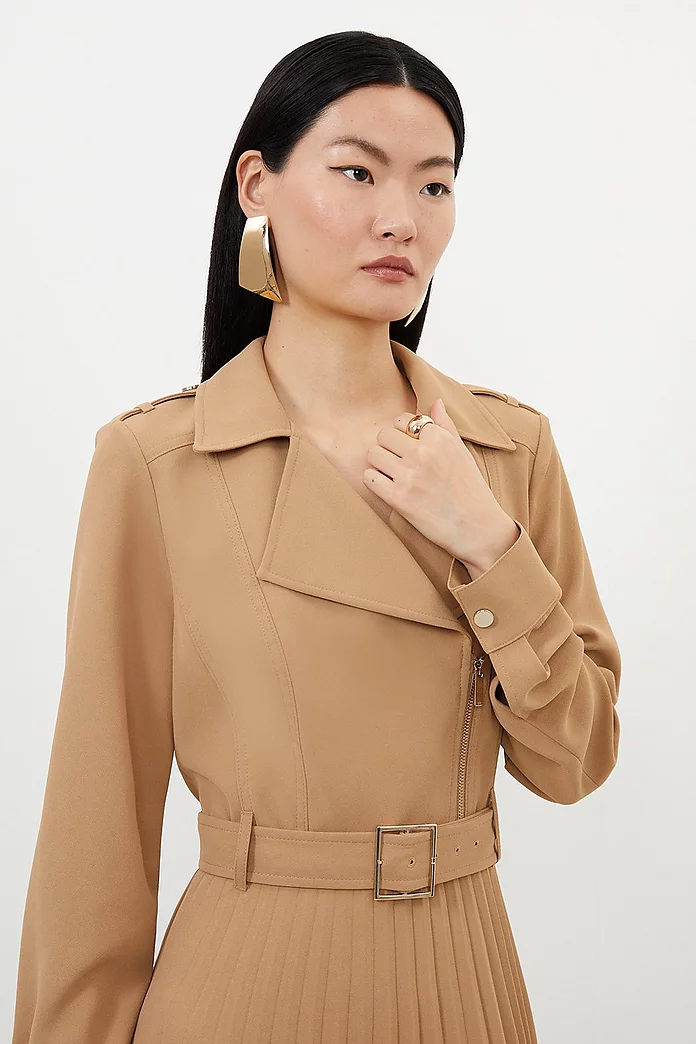 Tailored Crepe Belted Pleated Skirt Midi Shirt Dress | Karen Tailored Crepe Belted Pleated Skirt Midi Shirt Dress | Karen