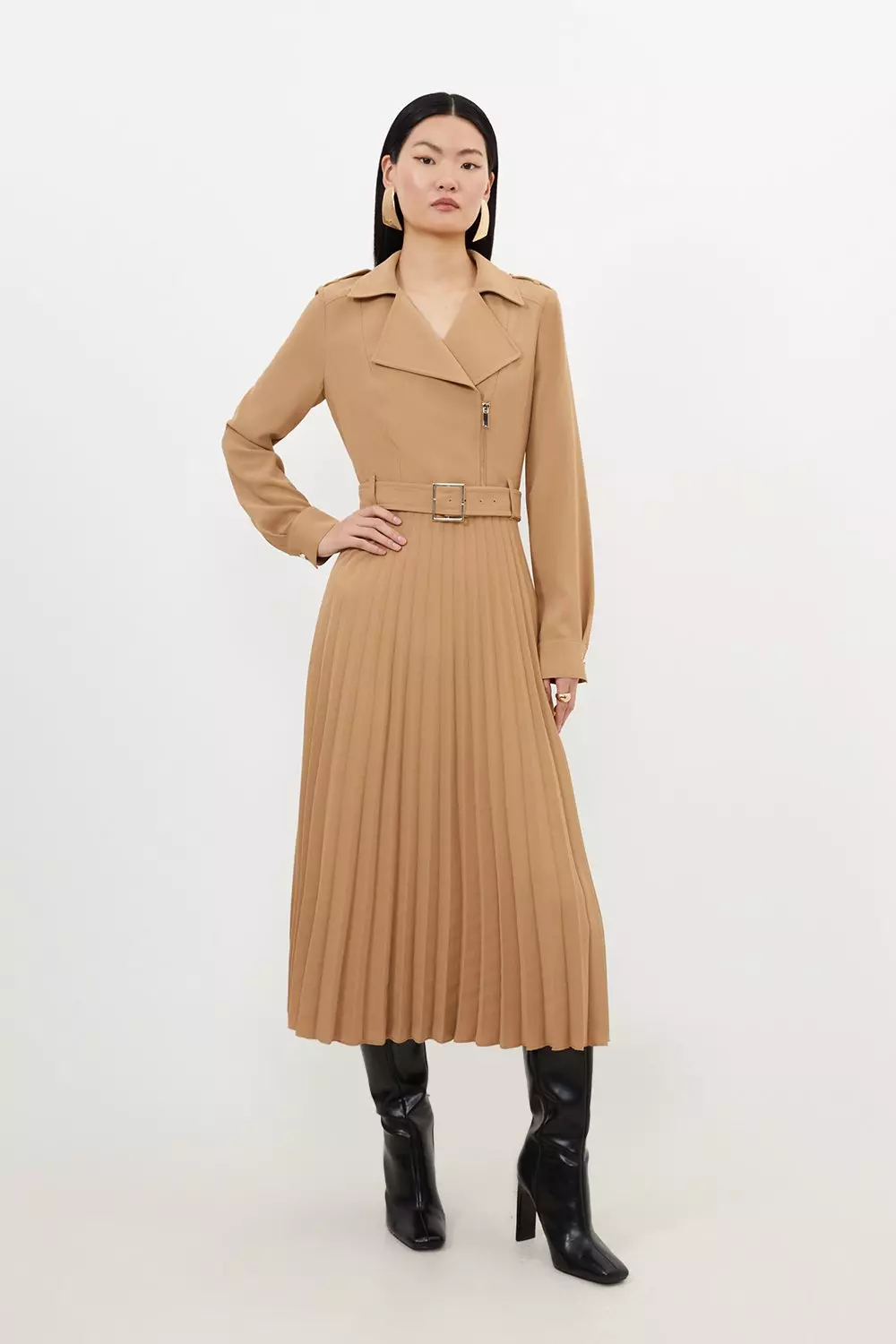 Tailored Crepe Belted Pleated Skirt Midi Shirt Dress Karen Millen