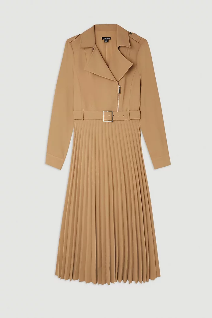 Tailored Crepe Belted Pleated Skirt Midi Shirt Dress | Karen Tailored Crepe Belted Pleated Skirt Midi Shirt Dress | Karen