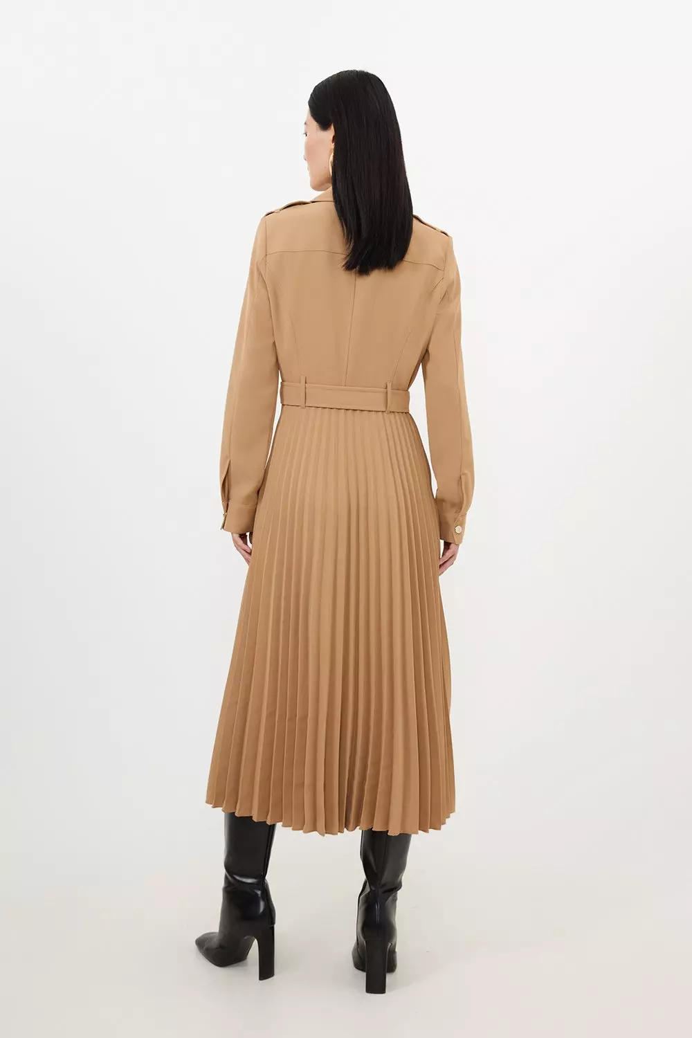 【marron♡ 】L'Or Belted Pleats Dress Tailored Crepe Belted Pleated Skirt Midi Shirt Dress | Karen
