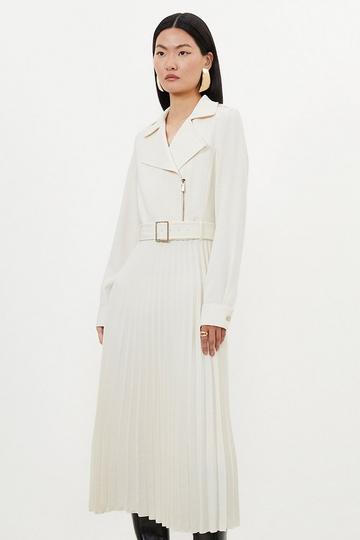 Tailored Crepe Belted Pleated Skirt Midi Shirt Dress ivory