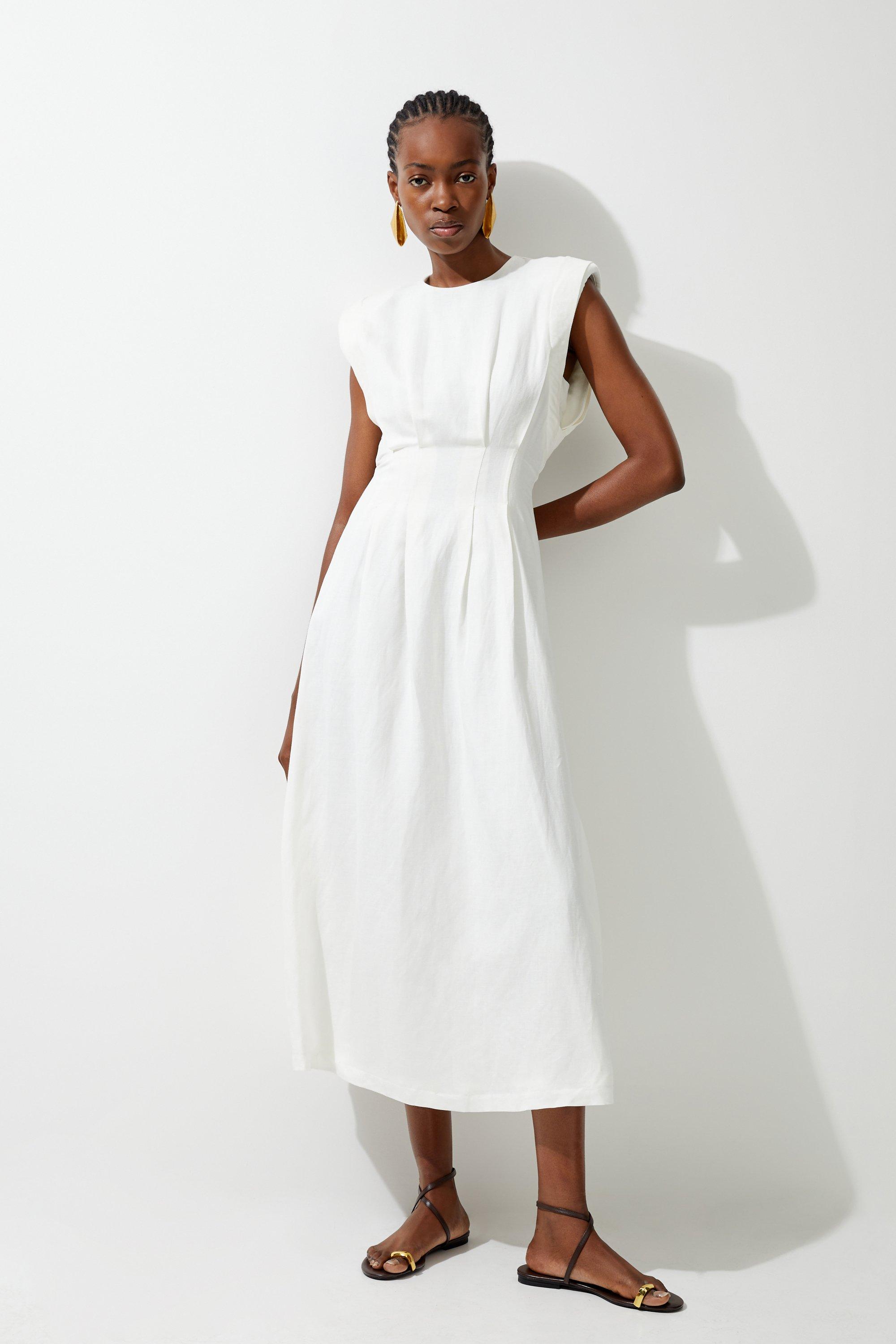 Petite Viscose Linen Woven Pintuck Midi Dress | Karen Millen