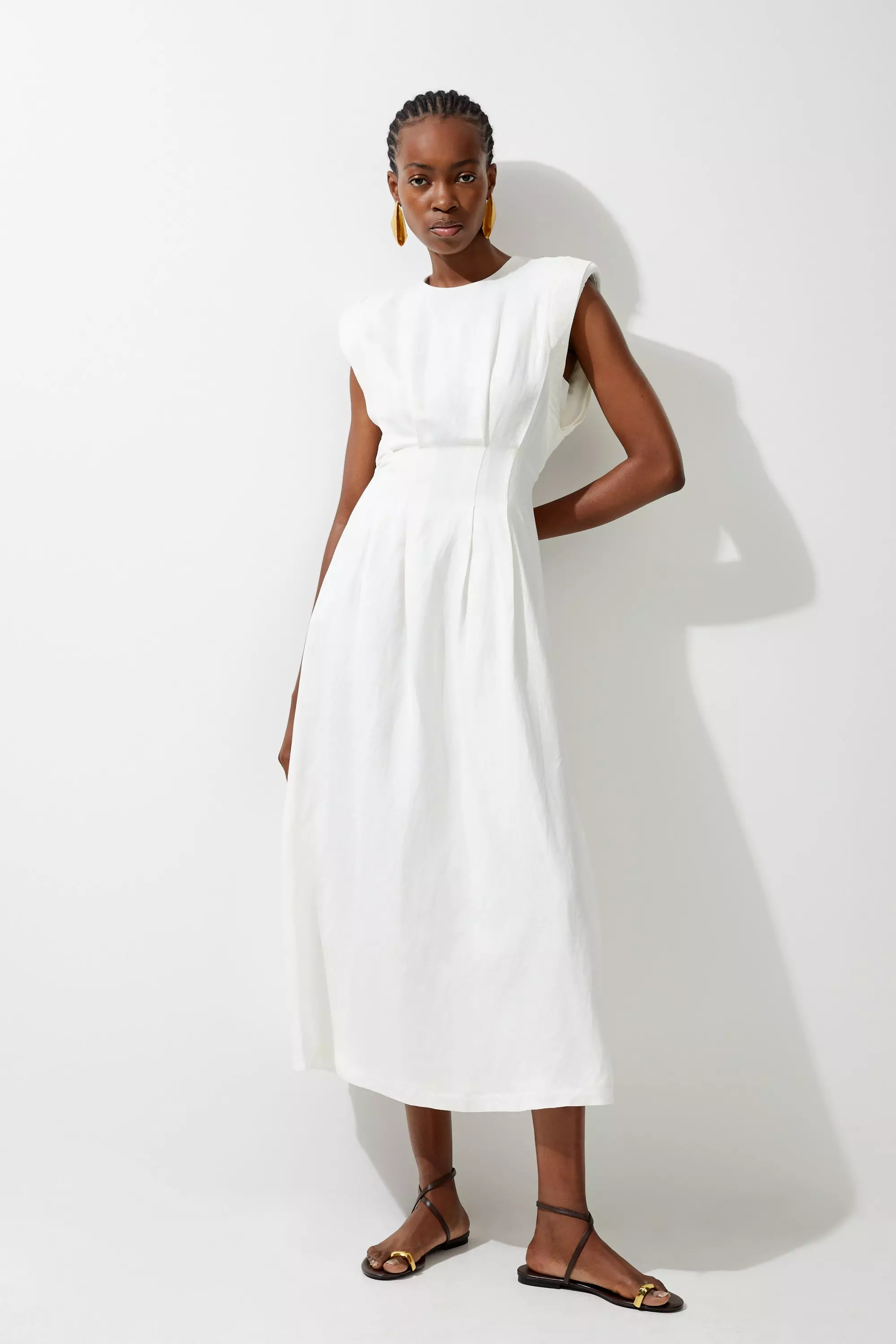 Petite Viscose Linen Woven Pintuck Midi Dress Karen Millen