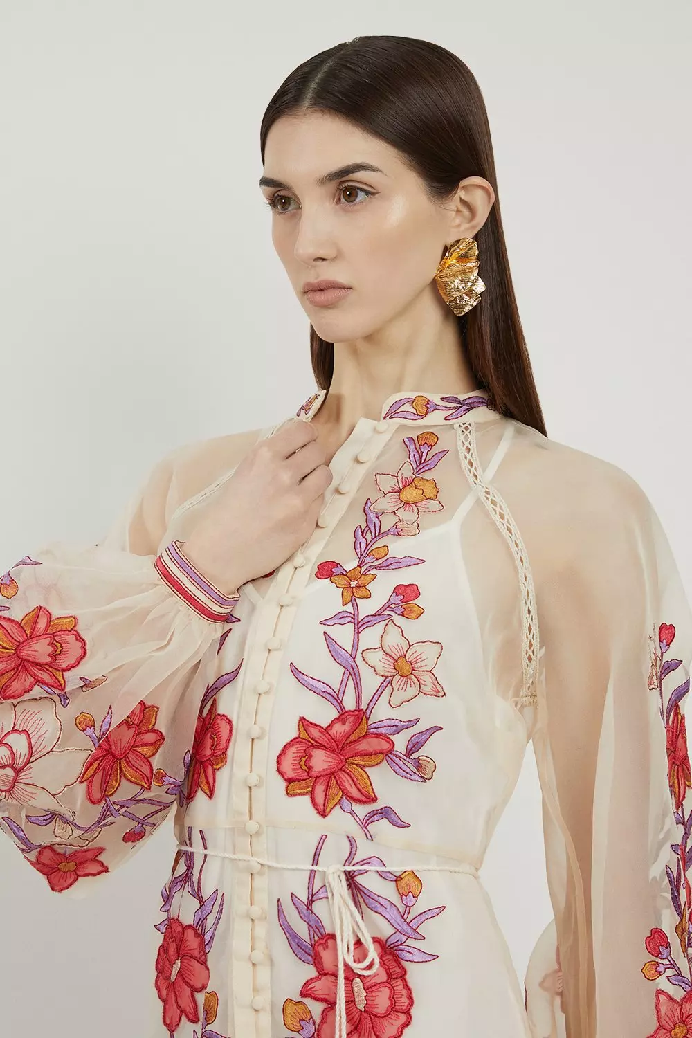 Floral Placed Embroidery Organdie Woven Midi Dress | Karen