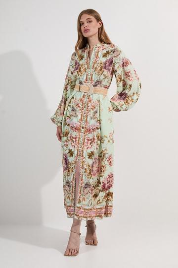 Floral Placed Embroidery Organdie Woven Midi Dress sage