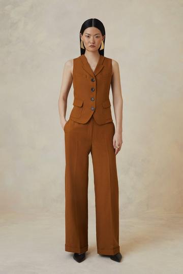 The Founder Premium Tailored Tencel Linen Straight Leg Trousers dark tan