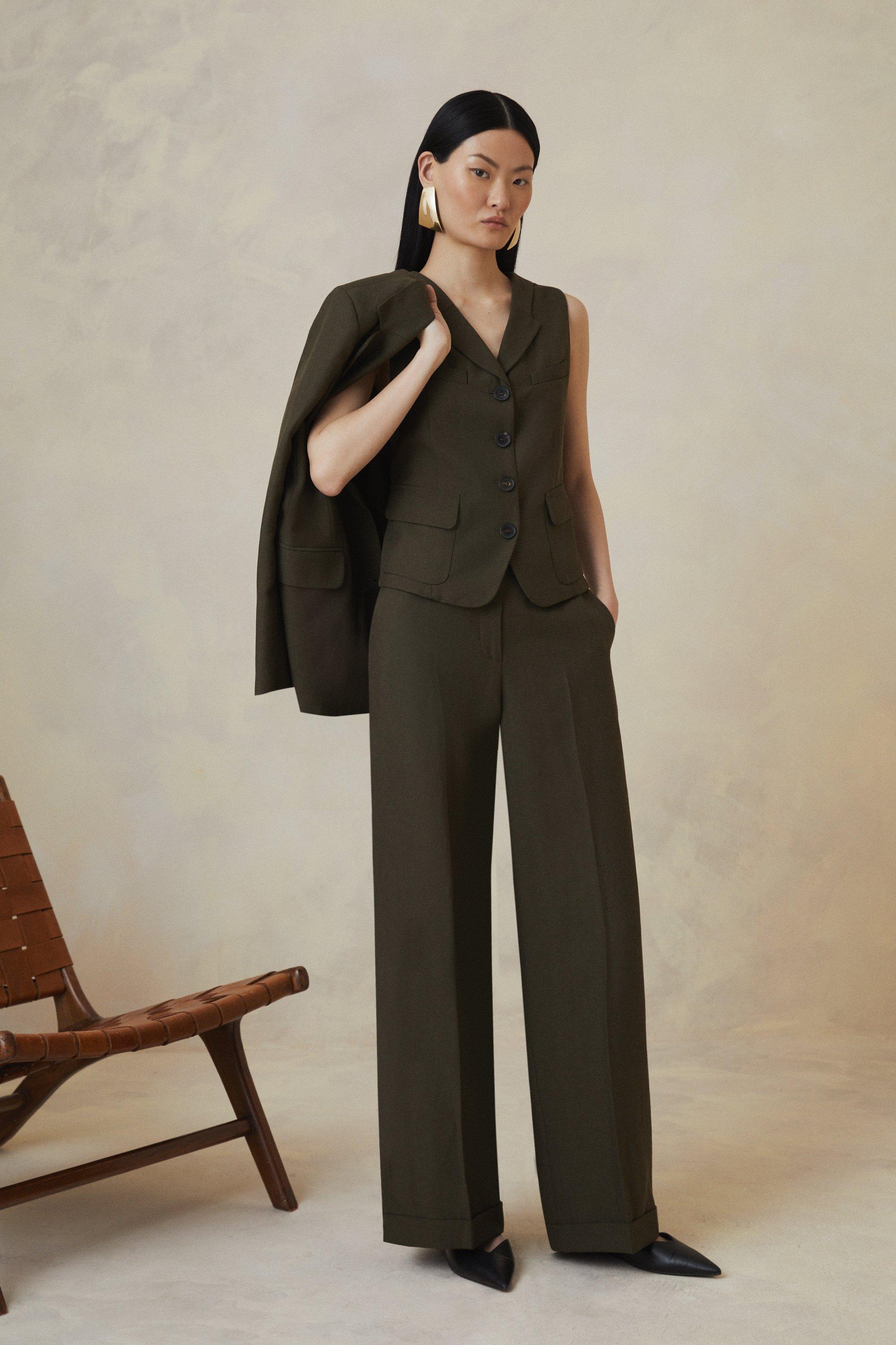 Khaki The Founder Premium Tailored Tencel Linen Straight Leg Trousers