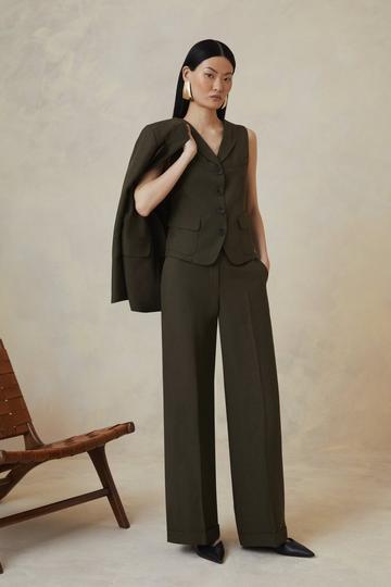 The Founder Premium Tailored Tencel Linen Straight Leg Trousers khaki