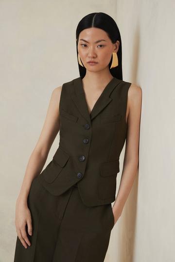 The Founder Premium Tailored Tencel Linen Pocket Detail Waistcoat khaki