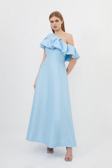 Metallic Taffeta One Shoulder Ruffle Full Skirt Tailored Maxi Dress pale blue