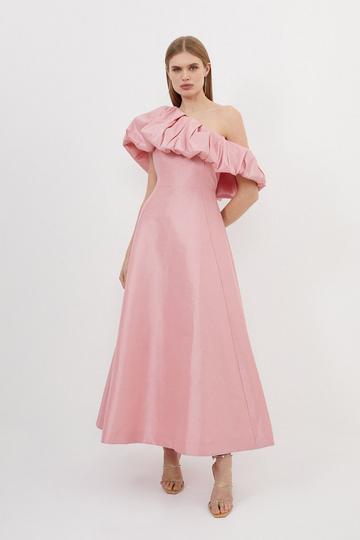 Pink Metallic Taffeta One Shoulder Ruffle Full Skirt Tailored Maxi Dress