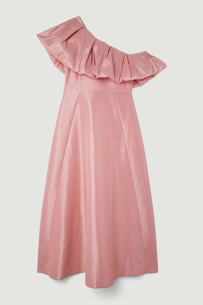 Metallic Taffeta One Shoulder Ruffle Full Skirt Tailored Metallic Taffeta One Shoulder Ruffle Full Skirt Tailored
