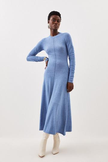 Cashmere Wool Crew Neck Ruched Sleeve Midi Dress mid blue