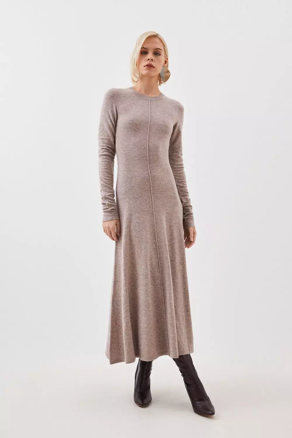 Cashmere Wool Crew Neck Ruched Sleeve Midi Dress | Karen Millen