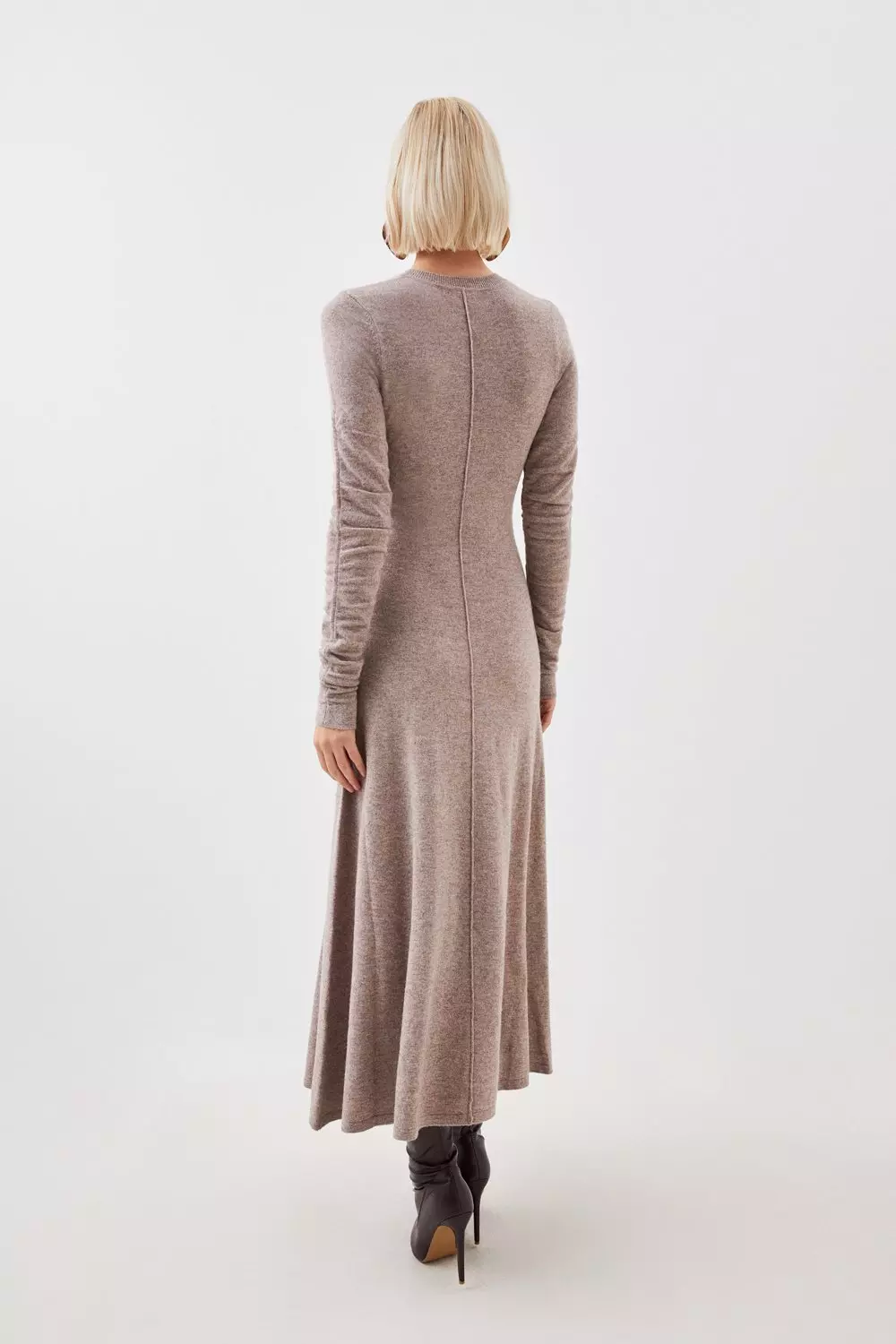 Cashmere Wool Crew Neck Ruched Sleeve Midi Dress | Karen Millen
